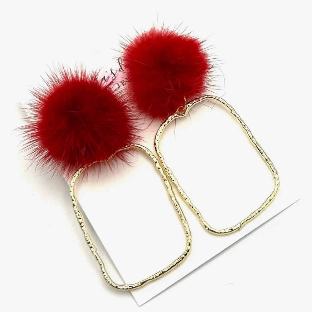 Red Pom Pom Gold Drop Earrings - Women Jewelry Earrings